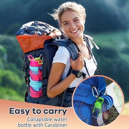 Sunnyray 14 Pack Collapsible Water Bottles Travel 17oz Silicone Portable Foldable Bottles Leak Proof Reusable Sports Cups with Clip for Camping Hiking Cycling Outdoor(Dark Color) thumbnail 4