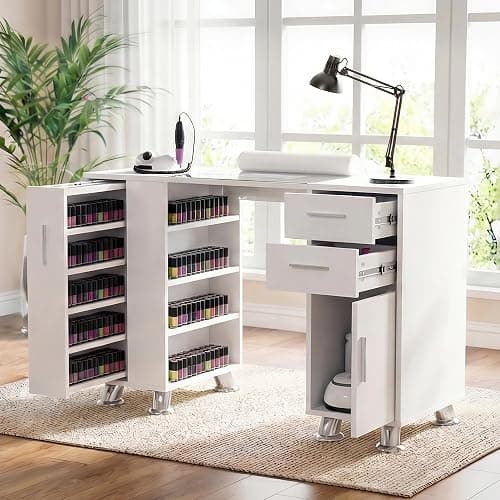 Nail Desk,Professional Manicure Table with Wrist Rest,2 Drawers&Cabinet | Nail Station Beauty Technician Desk with Electric Dust Collector& Dust Bag,Nail Table with Pull-out Locker&8 Metal Legs,White - Image 1