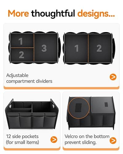 Homeve Car Trunk Organizer for SUV, 18.5Gal Large Capacity No-Sag Heavy Duty, Foldable Waterproof Anti-Slip Storage with 12 Pockets, Fit Sedan,Truck, Universal Car Accessories, Black, Large, 2 Compart thumbnail 8