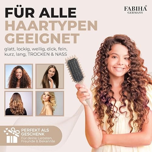 FABIHA® 𝐏𝐑𝐄𝐌𝐈𝐔𝐌 Lockenbürste - Curly Hair Brush - Bio Haarbürste ohne ziepen - Wildschweinborsten Bürste - Die Originale 3-in-1-Stylingbürste für trendige Lockenfrisuren (Beige) thumbnail 4