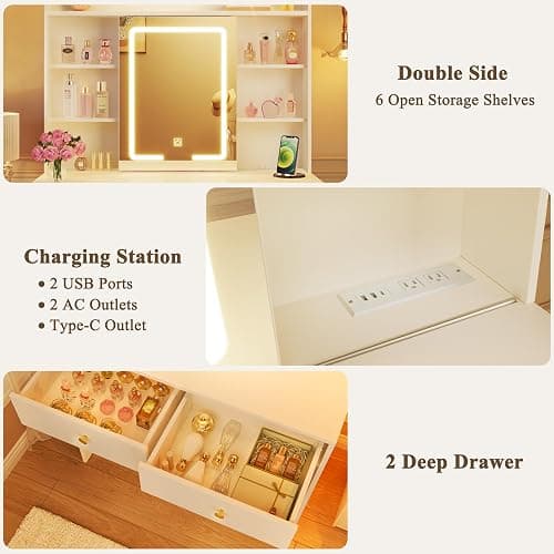 HUAHUU Vanity Desk with Mirror and Lights, 31" Makeup Vanity Desk with Lights 3 Colors, Small Vanity with 2 Storage Drawers & 6 Shelves for Girls Women Bedroom, White thumbnail 6