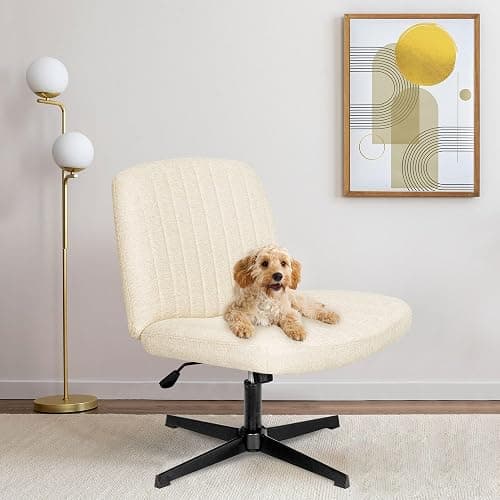 Orange Factory Criss Cross Chair No Wheel Wide Cross Legged Office Desk Vanity Chair Comfy Fabric Armless Adjustable Swivel for Home Computer Task (Beige) thumbnail 4