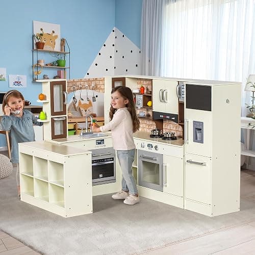 BRINJOY 3-Piece Kids Kitchen Playset, Walk-in Wooden Play Kitchen Set for Toddlers, Modular Pretend Play Kitchen w/Light&Sound, Large Corner Kitchen Cooking Toy w/Coffee Capsule, Gift for Girls Boys thumbnail 2