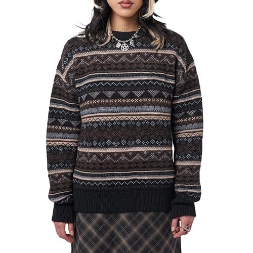 Women Y2K Argyle Striped Pullover Sweater Casual Long Sleeve Round Neck Vintage Preppy Style Pullover Knitwear - Image 1