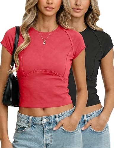 Aimiray Crop Tops for Women Short Sleeve Basic Baby Tee Y2K Top 2 Pack Fitted Cotton Summer Slimming Workout T Shirts Trendy - Image 1