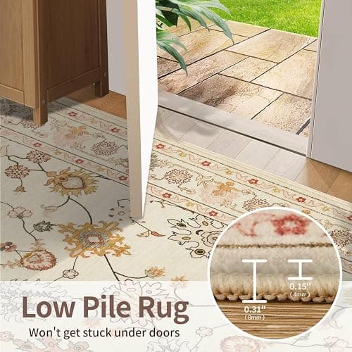 Rugxara Floral Rug for Living Room Bedroom, 5x7 Washable Rug, Vintage Boho Area Rug, Large Non Slip & Low Pile Wool Carpet for Indoor Dining Room, Girls Room, Nursery Room and Kids Room(Apricot 5x7ft) thumbnail 6