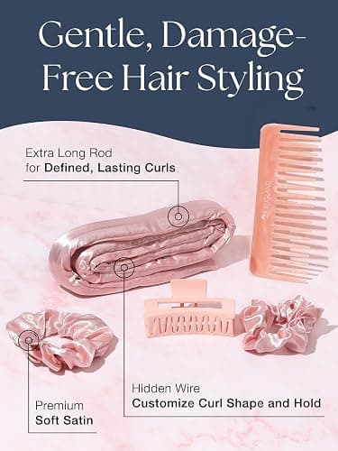 Lily England Heatless Hair Curlers to Sleep In - No Heat Curling Gift Set Includes Satin Headband, Hair Clip, Comb & 2 Scrunchies - Sleek & Smooth Overnight Curls (Pink, 5 Pack) thumbnail 5