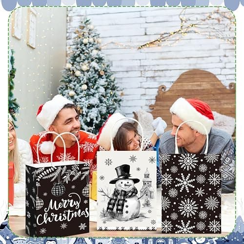 Fourluoo 30 Pack Winter Paper Gift Bags with Handles Black and White Winter Snowman Tote Bags 5.9 x 3.1 x 8.3 Inch Christmas Party Favor Snow Pine Candy Gift Handbag for Xmas Party Supplies thumbnail 6