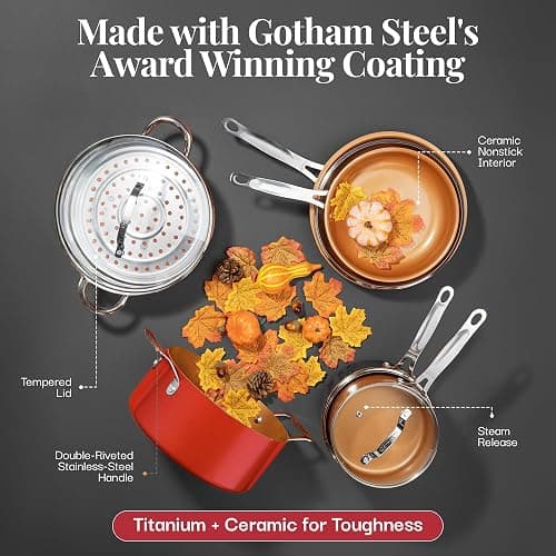 Gotham Steel 20 Pc Pots and Pans Set Nonstick Cookware + Bakeware Set, Complete Ceramic for Kitchen, Non Stick with Lids, Dishwasher / Oven Safe, Toxic - Red thumbnail 7