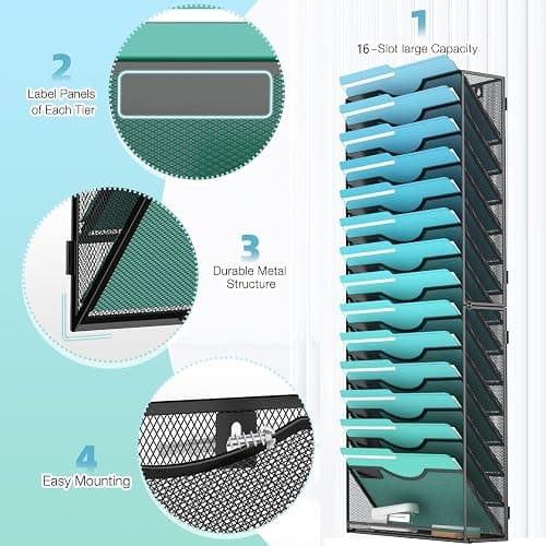 Gawerk 15-Tier Wall File Organizer Hanging Wall File Holder Wall Mount Paper Folder Organize, Mesh Magazine Document Mail Organizer Wall Organizer for Office School Home, Black - 15TIER thumbnail 4