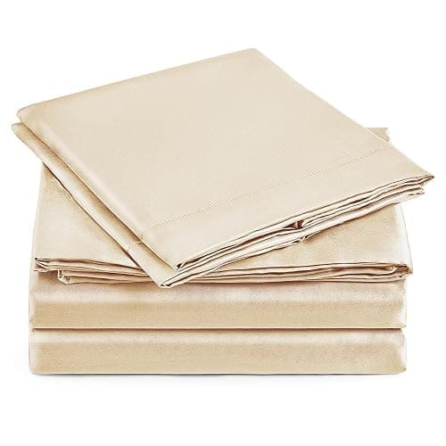 Love's cabin Full Size Satin Sheet Sets - 4 Piece Beige Silky Sheet Set with Deep Pocket, Luxury Silk Feel Satin Sheets Full Bedding Set (1 Flat Sheet,1 Fitted Sheet,2 Pillow Cases) thumbnail 2