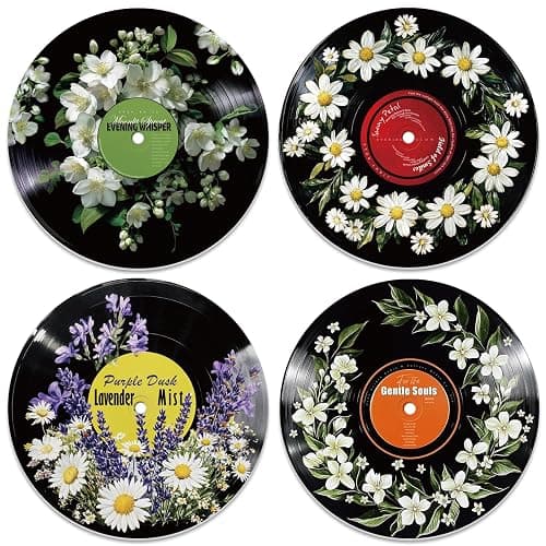 twinklemon 4 Pcs Flower & Grass Theme Vinyl Record Wall Decor, Self Adhesive Fake Music Records Album Posters, Botanical Style Music Wall Art Sticker for Grunge Room Bedroom Decorations - Image 1