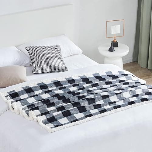 Touchat Sherpa Plaid Twin Blanket 60" X 70", Fuzzy Fluffy Soft Cozy Throw Blanket, Twin Size Plush Fleece Flannel Plush Microfiber Blanket for Couch Bed Sofa (Black) thumbnail 3
