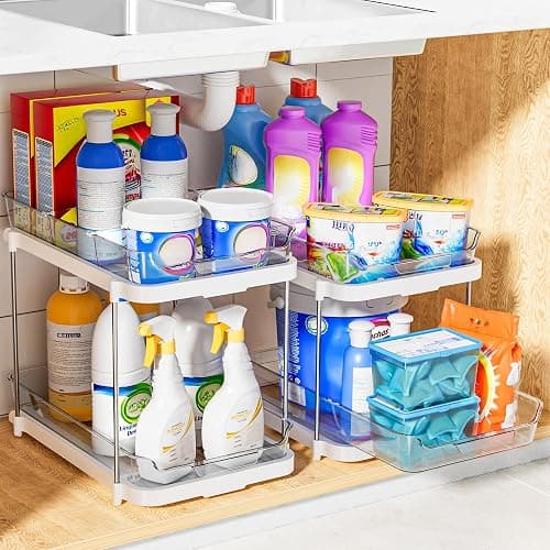 Delamu 2-Tier Multi-Purpose Bathroom Under Sink Organizers and Storage, Stackable Kitchen Pantry Organization, Pull Out Medicine Cabinet Organizer with Movable Dividers, White, 2 Pack thumbnail 8