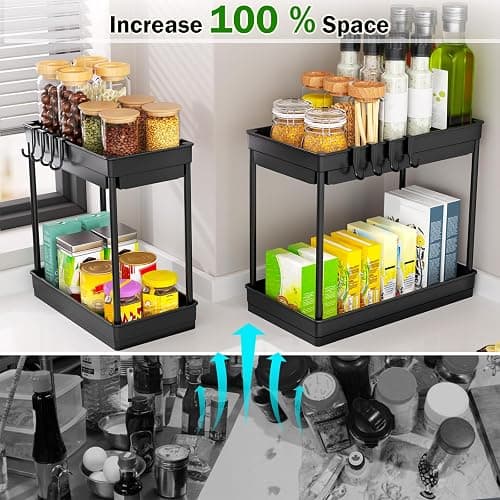 PurKeep 2 Pack Under Sink Storage - 2 Tier Kitchen Storage and Organisation Cupboard Organiser, Under Sink Shelf, Under Cabinet Organizer with Hooks, for Bathroom Kitchen Countertop, 2 Size 1L+1M thumbnail 4