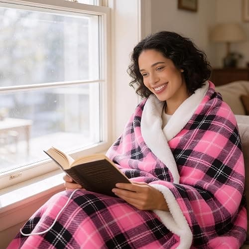 PTQ Electric Heated Blanket 50"x60",Fast Heated Throw with 8 Hours Auto Off/8 Heats Levels,Soft Pink Plaid Sherpa Electric Blanket with ETL Certification & Over-Heat Protection thumbnail 8