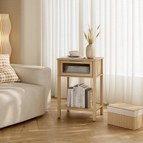 Nightstand Wooden Bedside Table with Drawer Natural Wood Night Stands Modern Style Small End Table Side Table with Storage Shelf for Bedroom Living Room MLBZ10YEV thumbnail 2