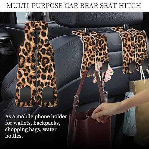 AXRQLSU PU Leather Car Seat Hook, Storage Headrest Hanger, Cute Car Backseat Organizer, Car Hooks For Purses and Bags Brown Leopard Print thumbnail 3