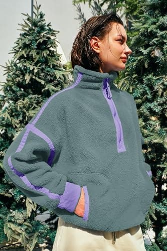 Panadila Womens Half Zip Sherpa Fleece Pullover Soft Oversized Sweatshirt with Pockets Warm Fuzzy Sweater thumbnail 3