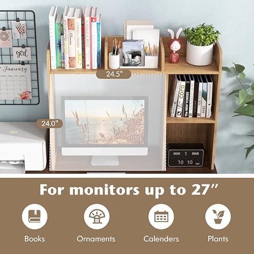 Tangkula Desktop Bookshelf, Countertop Storage Hutch with 5 Shelves for Computer Desk, 3-Tier Display Rack, Multipurpose Wood Storage Organizer for Dorm Office Home thumbnail 6