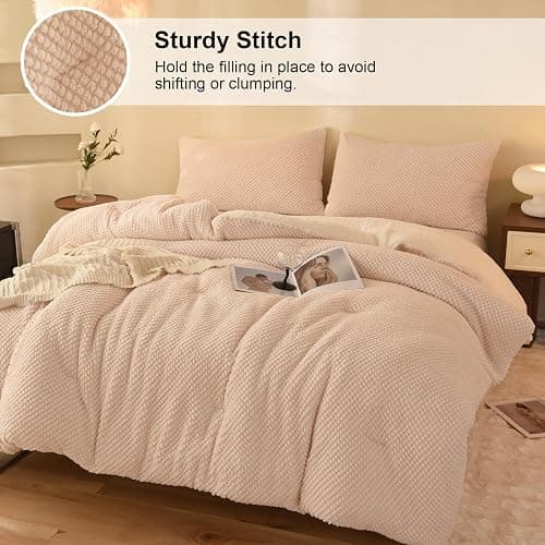 LLanCL 3D Jacquard Design Comforter Set, Ultra-Soft Warm King Size Sherpa Fur Plush 3-Pieces Sets Luxury Cozy Bedding with 2 Pillowcases (104"x90", Cream White) thumbnail 3