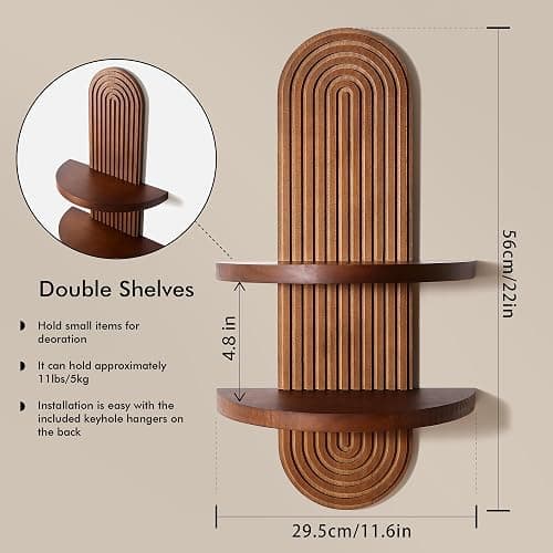 GRID FORTE Modern Wall Shelf with Arched Wood Design Mid-Century Double Floating Rainbow Shelves for Indoor Decoration Holding Planter Ornaments, 22 x 11.6 Inch (Walnut) thumbnail 3