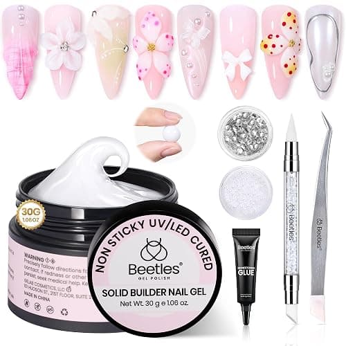 Beetles 3D Gel Nail Art-Snowy Cone 5 in 1 Non-Sticky Hand Extension with Rhinestones & Pearls & Glue Double-Head Pen for Women DIY Salon,White Solid Builder Nail Gel, UV&LED Lamp Cured Needed - Image 1