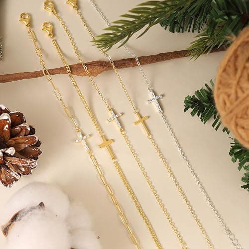 Gold Bracelets for Women,Dainty Gold Cross Bracelet 14K Gold Plated Beaded Bracelets for Women Trendy Bracelet Stack Pearl Bracelet Set Waterproof Chain Bracelet Gold Jewelry for Women Baptism Gifts thumbnail 7