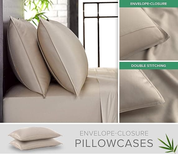 Pure Bamboo King Sheets, Genuine 100% Organic Viscose Derived from Bamboo Bed Sheet Set, Luxuriously Soft & Cooling, Double Stitching, 2 Year Quality Promise (King, Sand) thumbnail 4