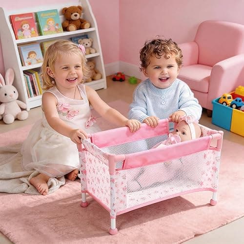 Baby Doll Crib for 12-18 Inch Dolls, Chyyeerkidd Pack and Play Pink Floral Baby Doll Bed with Carry Bag, Travel-Friendly Reborn Baby Doll Accessories for Girls Ages 3+, Easy Assembly (White) thumbnail 4