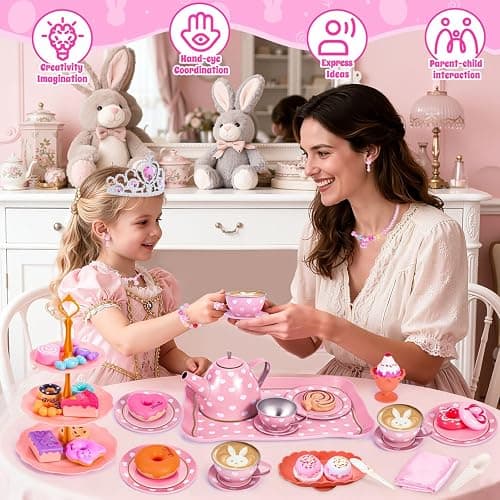 Hohosunlar Tea Party Set for Little Girls, Princess Tea Time Toy for Toddler, Tin Tea Set Include Tea Cups Teapot Dessert Kitchen Pretend Play with Carrying Case, Easter Birthday Gift for Kids Age 3-8 thumbnail 5