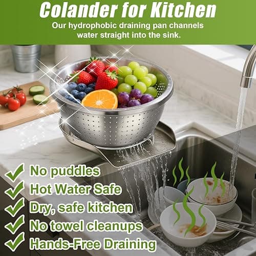 Palksky Stainless Steel Colander Set with Self-Draining Base, 3 Sizes Colanders & Food Strainers for Pasta, Rice, Fruits & Veggies, Metal Colander with Draining Plate for Sink or Countertop thumbnail 4