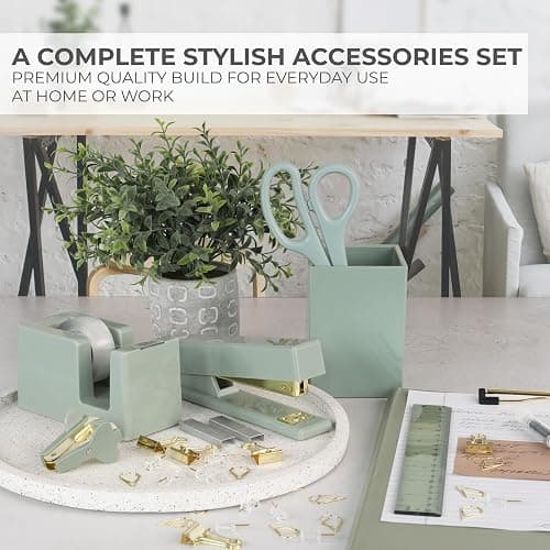 Aesthetic Desk Accessories Set - A Complete Desktop Organizer Set For Women Enhances Any Office Decor - An Office Supplies Kit w Gold Finish incl. Pen Holder, Scissors, Stapler, Tape Dispenser & More thumbnail 3