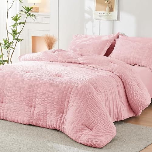 HYMOKEGE Pink Full Size Comforter Sets Seersucker 7 Pieces, All Season Luxury Bed in a Bag for Bedroom, Bedding Set with Comforters, Sheets, Pillowcases & Shams thumbnail 8