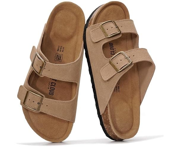 Project Cloud 100% Genuine Leather Flat Sandals For Women 2026 Cork Footbed Womens Sandals with Memory Foam and arch support Vacation Essentials Slides for Women Footwear (Venita) - Image 1