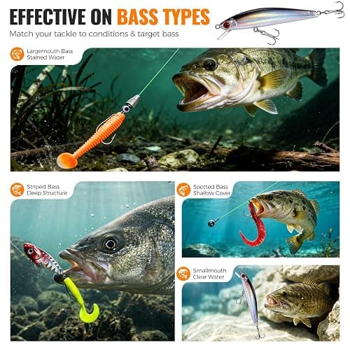 PLUSINNO Bass Fishing Lures Tackle Box Kit for All Water, 307 pcs | Pro Bass Fishing Gear Kit, for Freshwater Lake, Largemouth Bass, 6 Pre-rigged Jigs, Fishing Lure Set Gifts for Men Beginners thumbnail 4