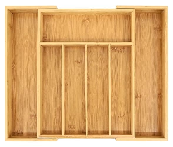VaeFae Bamboo Drawer Organizer, Expandable Silverware Drawer Organizer, Cutlery Tray with Dividers for Kitchen Utensils, Medium - Image 1