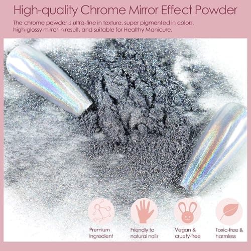 Allstarry Chrome Nail Powder 4pcs White Pearl Chrome Pigment Powder Iridescent Holographic Nail Glitter Dust Metallic Mirror Effect Pigment for Nail Gel Manicure DIY at Home Salon Women Gifts thumbnail 3