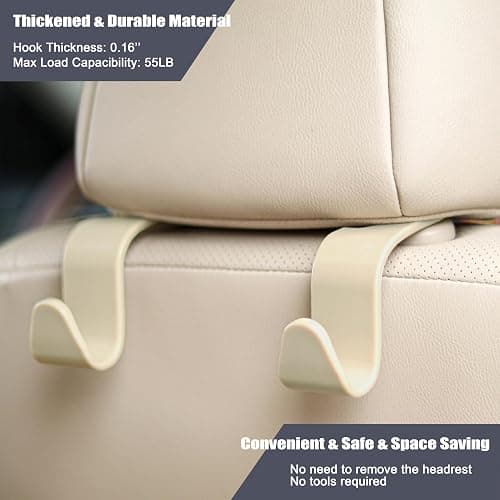 Amooca Universal Multifunctional Car Vehicle Headrest Hook, Organizer Hanger Storage Hook for Bag Purse Cloth Grocery (Beige Set of 4) thumbnail 4