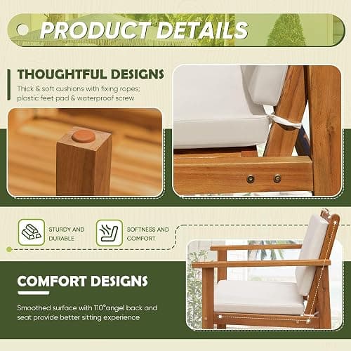 Flamaker Patio Furniture 4 Piece Outdoor Acacia Wood Patio Conversation Sofa Set with Table & Cushions Porch Furniture for Deck, Balcony, Backyard thumbnail 5