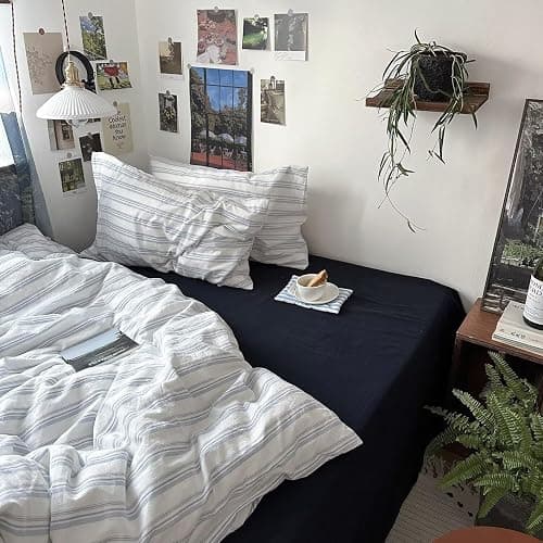 mixinni Vintage Light Blue & White Striped Comforter Set Twin XL Size - Soft Washed Cotton 3-Piece Bedding Set (1 Comforter + 2 Pillowcases), Retro Geometric Pattern, All-Season Breathable & Fluffy thumbnail 7