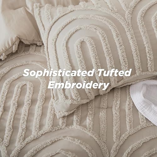Bedsure Boho Tufted Queen Comforter Set - Beige Boho Bedding Comforter Sets, 3 Pieces Farmhouse Shabby Chic Embroidery Bed Set, Soft Fluffy Cozy Arch Pattern Comforter for All Seasons thumbnail 3