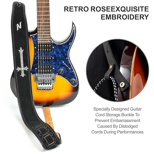 Nefelibata Guitar Strap with Crucifixion Embroidery, 2.7" Wide Double Layer Bavarian Tumbled Cowhide Guitar Strap with Foam Padding for Kids, Male and Female, Acoustic, Bass and Electric Guitars thumbnail 6