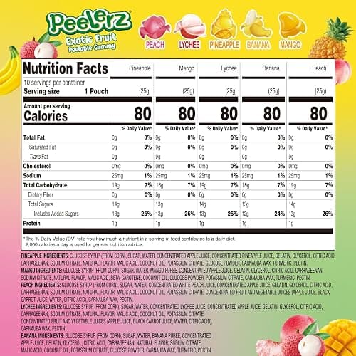 AMOS Peelerz Exotic Fruit Peelable Gummy Candy – 5 Fruit Flavors (Mango, Peach, Banana, Pineapple, Lychee), 8.47oz (240g), Individually Wrapped thumbnail 2
