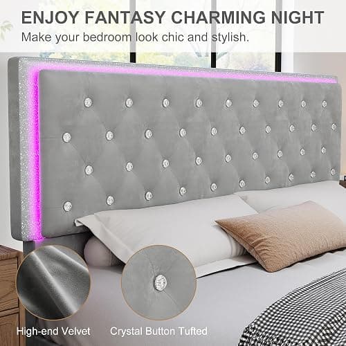 Torana Queen LED Bed Frame with 2 Drawers, Soft Velvet Platform Bed with Diamond Tufted Headboard Footboard and 2 Side Pockets, Mattress Foundation with Wooden Slats Support No Box Spring Needed, Grey thumbnail 4