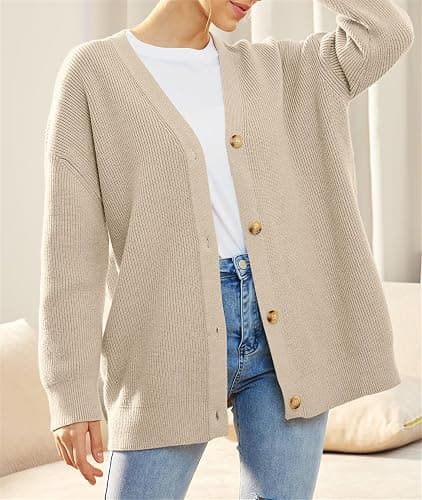 MorFansi Damen Strickjacke Strick Outwear V-Ausschnitt Vorne Offen Leicht Lockere Pullover mit Knöpfen thumbnail 4