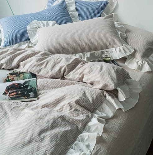 SUSYBAO Striped Ruffle Duvet Cover Queen 100% Washed Cotton 3 Pieces Set 1 Beige Ruffled Duvet Cover with Zipper Ties 2 Pillow Shams Farmhouse Soft White Lace Bedding Set Breathable thumbnail 5