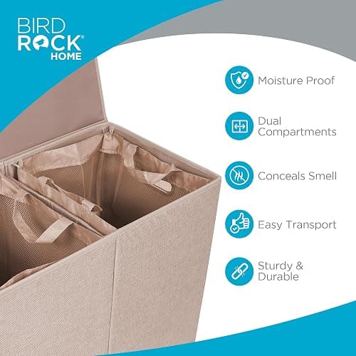 BirdRock Home Double Laundry Hamper with Lid and Removable Liners | Linen | Easily Transport Laundry | Foldable Hamper | Cut Out Handles thumbnail 3