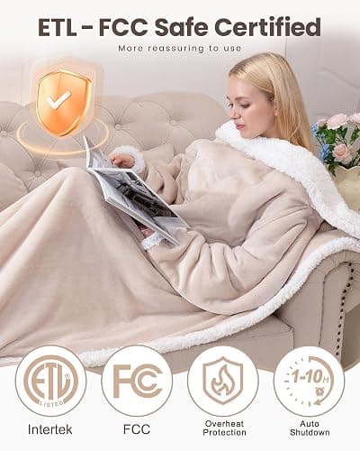 Wearable Heated Blanket with Foot Pocket,Electric Snuggle Throw Blanket with Sleeves,9 Heating Levels & 1-10 Hours Auto Shut Off,50x70 Inch,Beige thumbnail 2