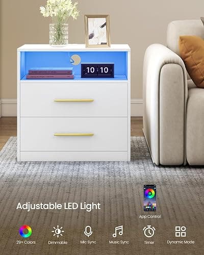 VASAGLE 23.6 Nightstands, LED Lights, Charging Station, 2 Drawers | Bedside Table, End Table for Bedroom, 23.6 x 13.8 x 24.1 inch, Cloud White, CUSTOS Collection ULET639WB01S thumbnail 5